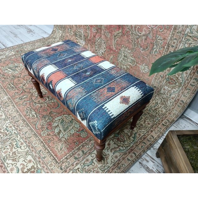 Handmade Turkish Printed Rug Fabric Upholstered Vanity Bench For Sale - Image 9 of 10