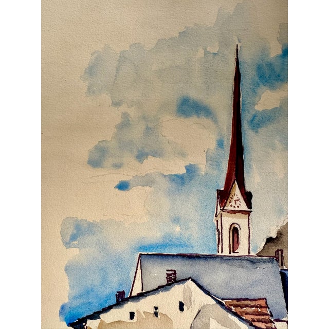 Rustic Henry Emil Salloch Original Watercolor on Paper Modernist European Village Church, 1968. For Sale - Image 3 of 6