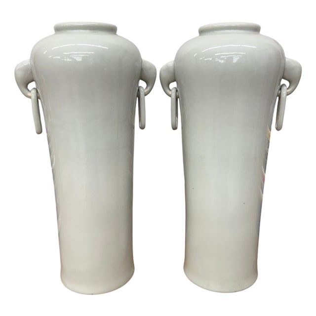 Tall White Ceramic Vases with Elephant Head Handles - A Pair For Sale