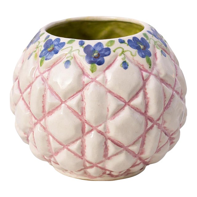 Vintage Handcrafted Folk Art Ceramic Vase With Faceted Lattice Form and Floral Rim For Sale