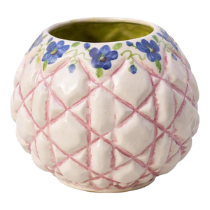 Vintage Handcrafted Folk Art Ceramic Vase With Faceted Lattice Form and Floral Rim