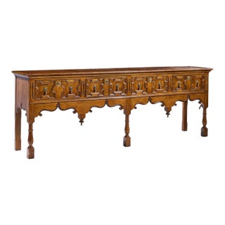 Baker Furniture Jacobean Style Oak, Burlwood and Brass Console Table Credenza For Sale