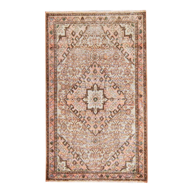 1960s Vintage Persian Distressed Handmade Floral Peach Wool Rug For Sale