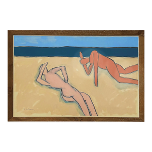 Large Vintage 1980s Harley Francis Abstract Nudes Painting. Mixed Media, Glass