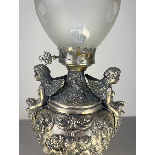 Antique Pewter Angel Lamp with Pleated Glass For Sale - Image 8 of 18