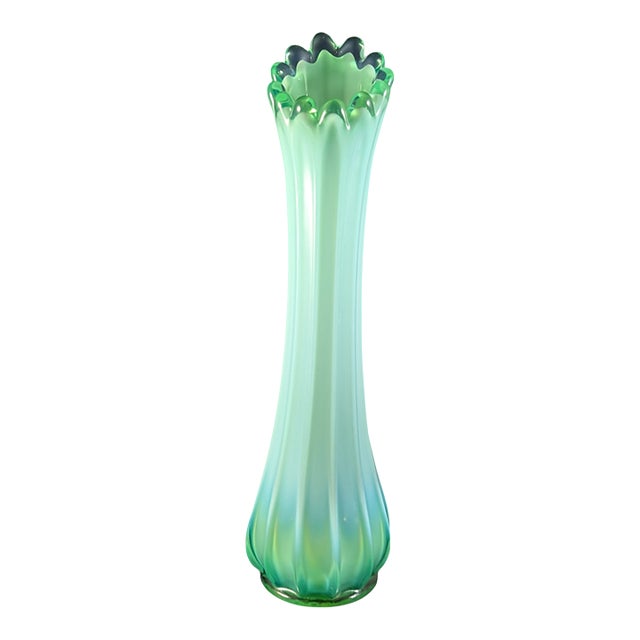 1960's Fostoria Opalescent Green Swung Glass Vase 11" For Sale