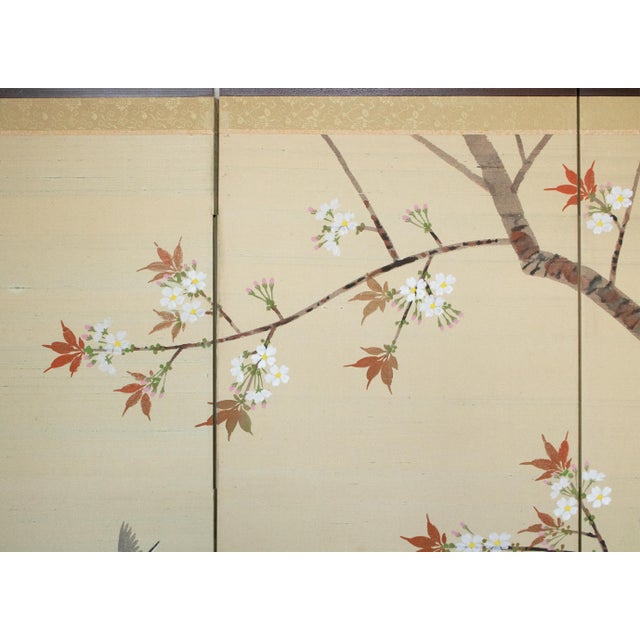 1960s "Blue and White Flycatchers and Blossoming Plum Tree", Showa Japanese Byobu Screen For Sale - Image 4 of 18