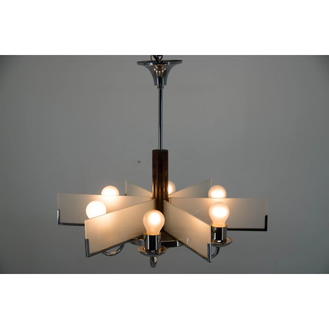 Art Deco Chandelier in Chrome, Wood and Sandblasted Glass, 1940s For Sale - Image 9 of 13
