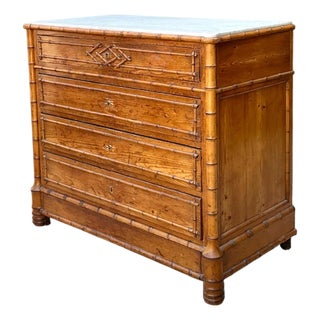 Vintage Wood and Marble Faux Bamboo Chest For Sale