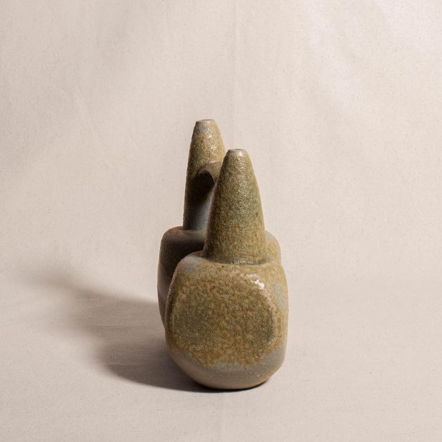 Late 20th Century Vintage Textured Twin-Spout Studio Ceramic Vessel With Arched Handle For Sale In Tulsa - Image 6 of 12