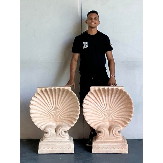 Postmodern Vintage Coastal Cast Concrete Clam Shell Table Pedestals - A Pair For Sale - Image 3 of 10