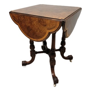 Antique English Burled Walnut Cloverleaf Drop-Leaf Table on Casters For Sale