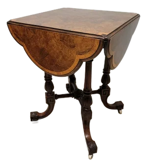 Antique English Burled Walnut Cloverleaf Drop-Leaf Table on Casters