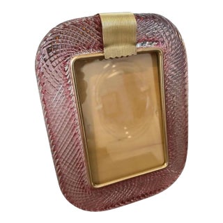 1990s Barovier Style Art Deco Pink Murano Glass and Brass Picture Frame For Sale