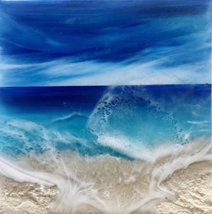 Ocean Waves #10 by Ana Hefco | Mixed Media & Resin on Wood Ocean waves with blue and white colors.