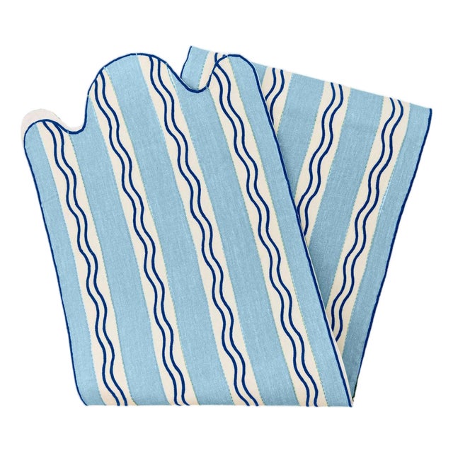 Misette Monaco Stripe Embroidered Linen Runner in Blue For Sale