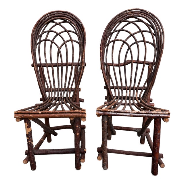 Pair of Adirondack Willow Twig Fan-Back Side Chairs Hollywood Set Decoration For Sale