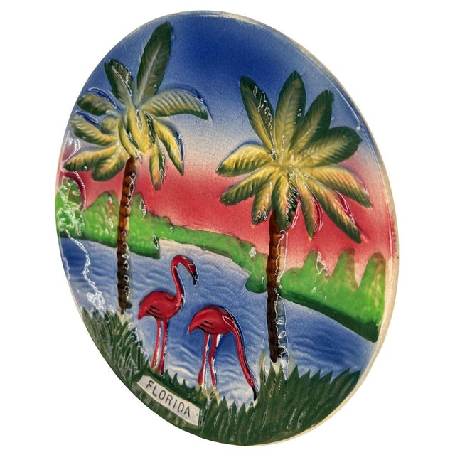 Mid-Century Modern 1950s Mid-Century Pottery Florida Sunset Flamingo Round Decrotive Wall Plate For Sale - Image 3 of 4