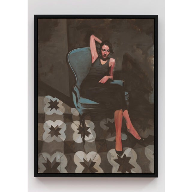 This oil on panel artwork features a poised figure seated in an elegant Italian chair, exuding a sense of relaxed...