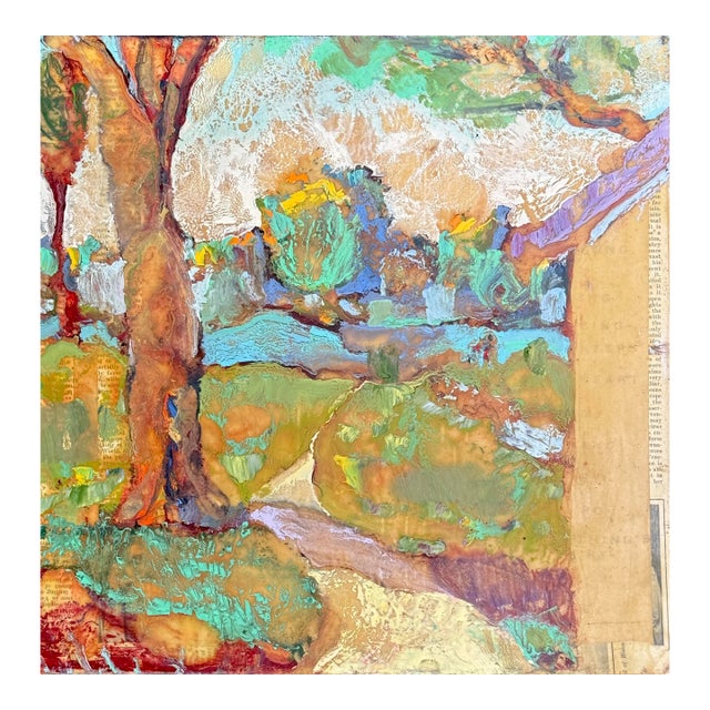 Square Encaustic and Antique Collage on Cradled Panel “Aquatic Park”, Hartman For Sale