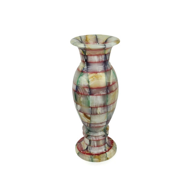Contemporary Vintage Handcrafted Tall Multi Color Patchwork Onyx Marble Artisanal Geometric Stone Vase For Sale - Image 3 of 8