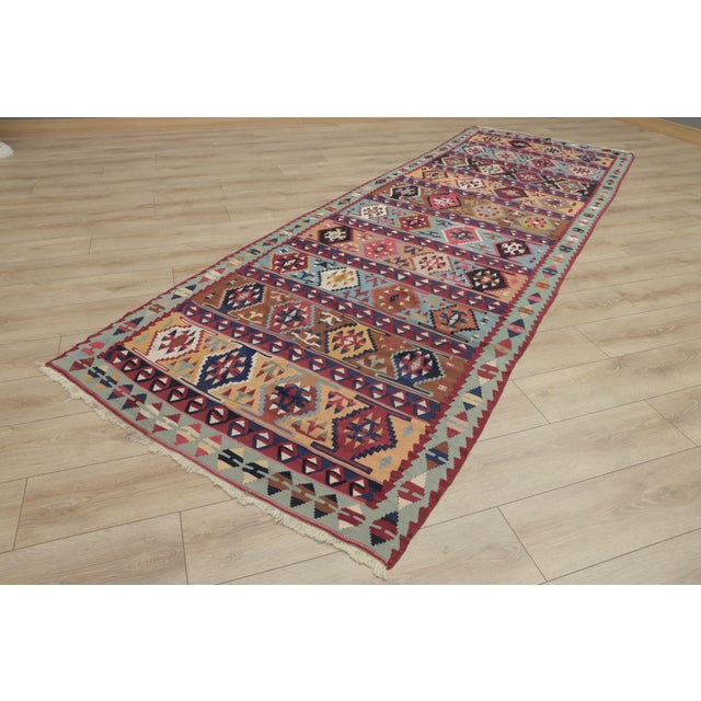 Tribal 1970s Turkish Tribal Style Geometric Design Multicolor Hand Knotted Oushak Kilim Runner Rug For Sale - Image 3 of 13