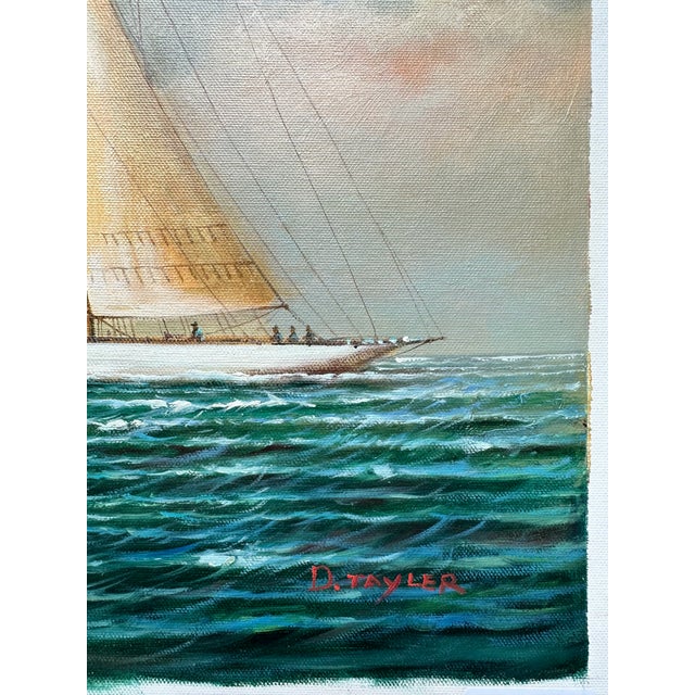 Textile Schooner Yacht Racing Sailing Seascape Oil Painting on Canvas, Unstretched, by D. Tayler For Sale - Image 7 of 7