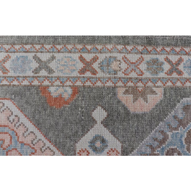 Slate Gray Turkish Oushak Runner in Soft Coral, Slate Gray, and Ivory With Geometric Design For Sale - Image 8 of 13