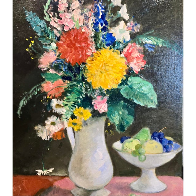 François Gall -Bouquet of Flower & a Fruits Bowl -1930s Still Life Oil Painting For Sale - Image 4 of 10