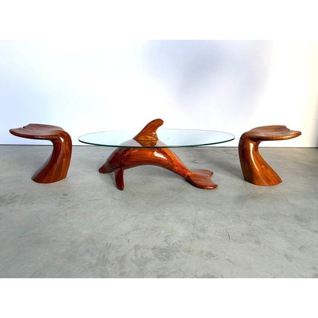 Wood Polyte Solet Dolphin Coffee Table and Stools, 1990s, Set of 3 For Sale - Image 7 of 17
