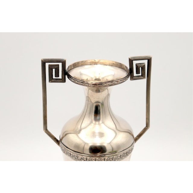 Silver Vase with Reliefs, Monogram Card with Two Beaded Handles and Circular Base. For Sale - Image 4 of 5