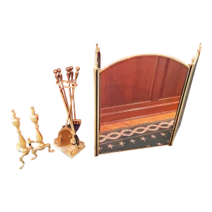 Vintage Brass Fireplace Screen, Andirons & Tool Set- 8 Pieces