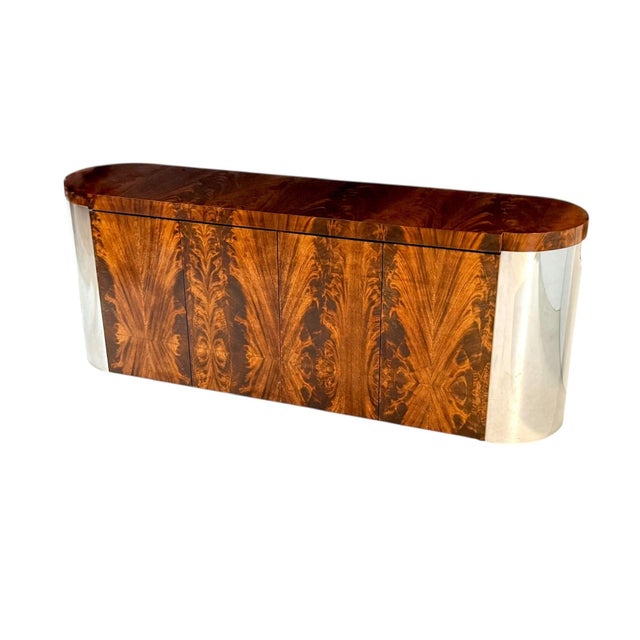 Ron Seff Burled Walnut Credenza with Chrome Sides, 1970’s. Original Measures 32.5” tall 84” long 21.25” deep