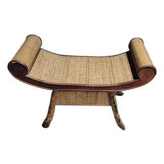 Mid Century Modern 1960s Egyptian Revival Burnt Bamboo Wicker and Rattan Scroll Arm Bench or Side Table For Sale