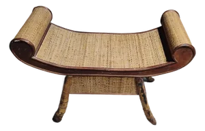 Mid Century Modern 1960s Egyptian Revival Burnt Bamboo Wicker and Rattan Scroll Arm Bench or Side Table