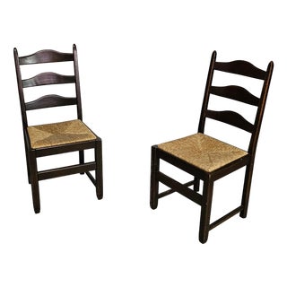 Rustic Farmhouse Ladderback Dining Chairs in Oak with Rush Seats, Set of 2 For Sale