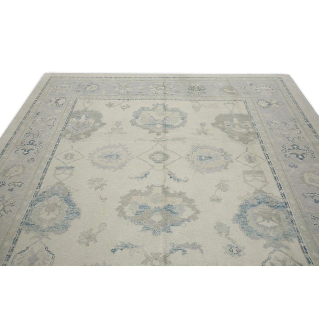 Early 21st Century Cream & Blue Floral Design Handwoven Wool Turkish Oushak Rug 8'10" X 11'1" For Sale - Image 4 of 8