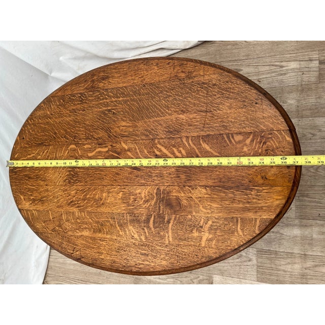 Antique Oval Coffee Table, Tiger Oak, Drawer, Shelf, Petite Size, Empire Style For Sale - Image 9 of 11