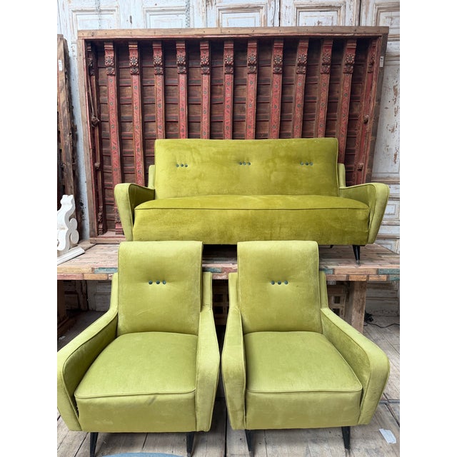 1950s Set Chartreuse and Emerald Mid Century Settee and Arm Chairs For Sale - Image 4 of 9