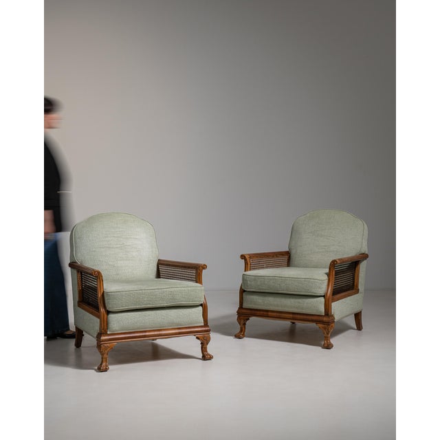 Mid 20th Century Mid 20th Century Pair of Eclectic Upholstered Armchairs with Rattan Accents For Sale - Image 5 of 13