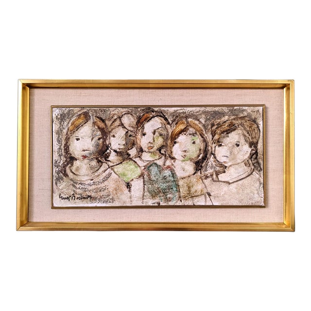 Mid-Century Modern Swedish "The Children" Vintage Figurative Framed Oil Painting For Sale