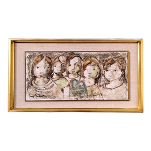 Mid-Century Modern Swedish "The Children" Vintage Figurative Framed Oil Painting
