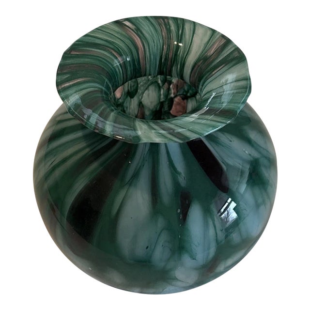 Vintage Murano Style Swirl Blue Green Teal Hand Blown Glass Vase For Sale