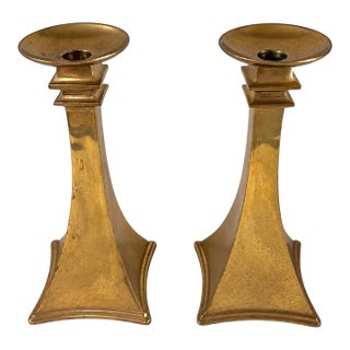 Pair of Vintage Indian Brass Geometric Candlesticks 11” For Sale