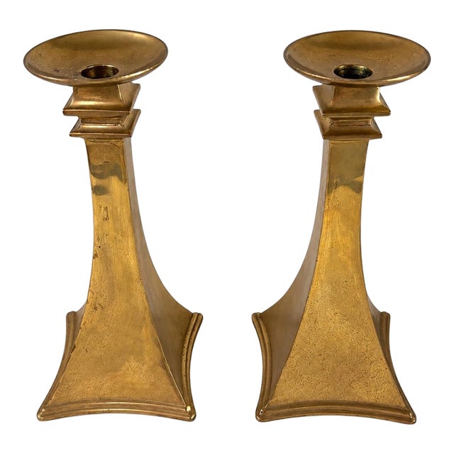 Pair of Vintage Indian Brass Geometric Candlesticks 11” For Sale