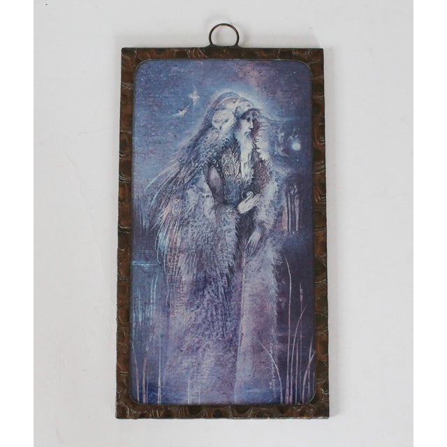 Vintage copper framed rectangular wall mirror. The reverse side is a mystical print titled "Shaman" by the late Brazilian-...