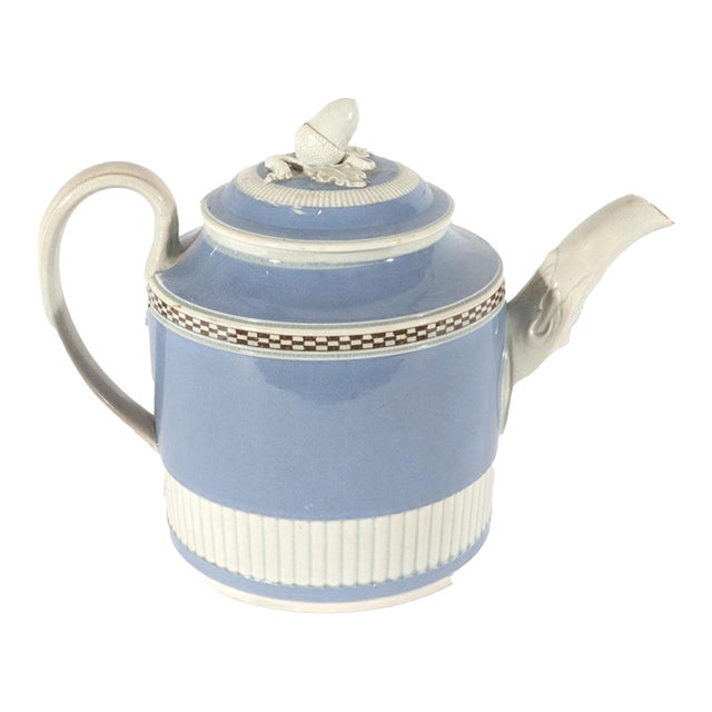 1790s English Pearlware Blue Slip Teapot & Cover With Engine-Turned Fluting For Sale