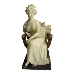 Early 20th Century Art Nouveau Figurative Alabaster, Wood, and Marble Sculpture of a Woman