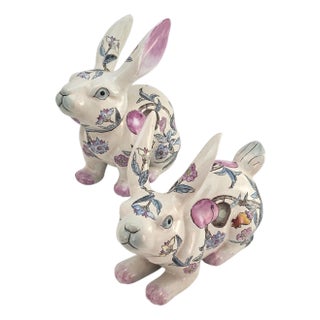 VTG Botanical Rabbit Figurines Floral Peach Porcelain Chinese – Pair 10" For Sale