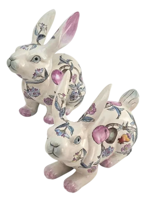 VTG Botanical Rabbit Figurines Floral Peach Porcelain Chinese – Pair 10"